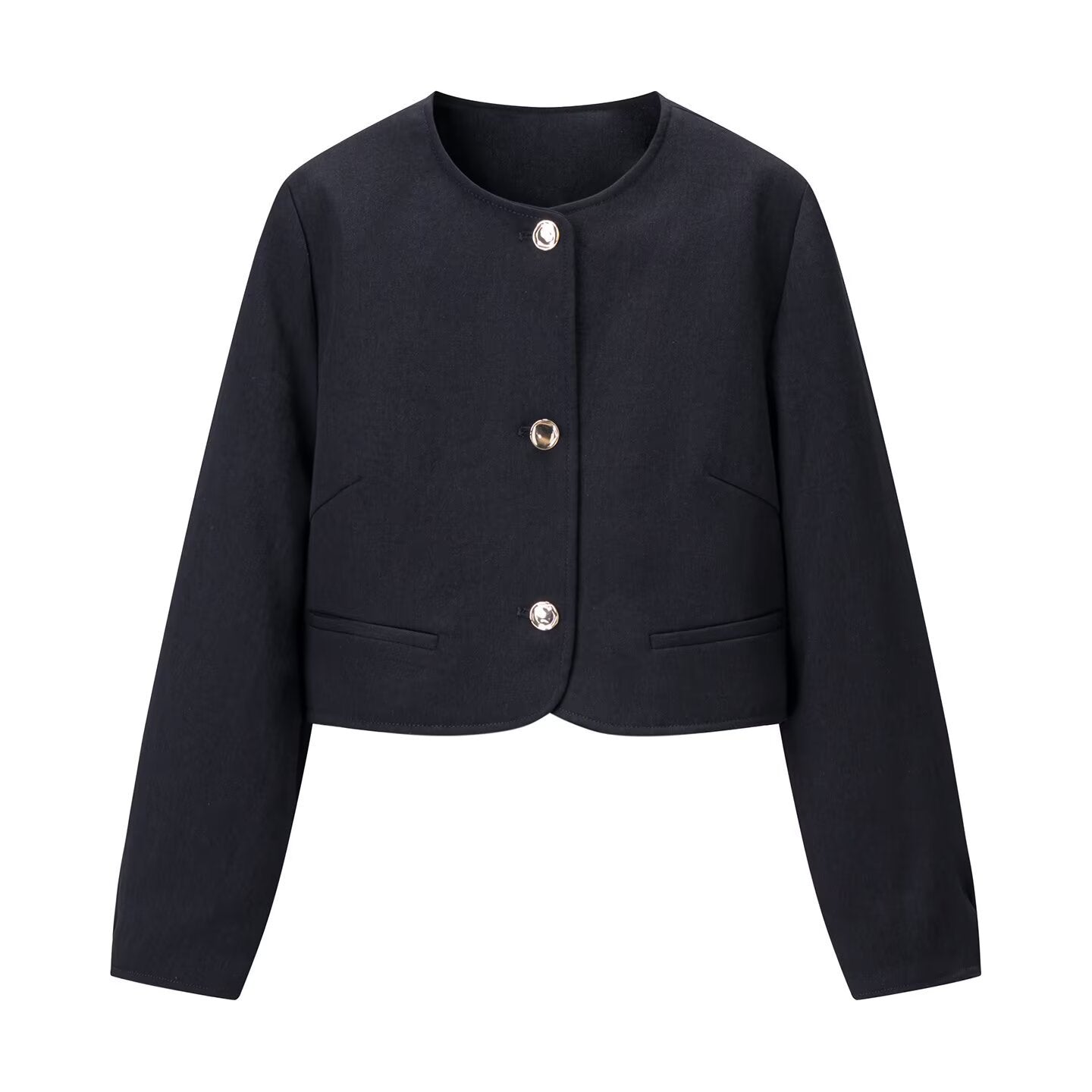 Alma | Casual Cropped Gold Buttons Black Blazer