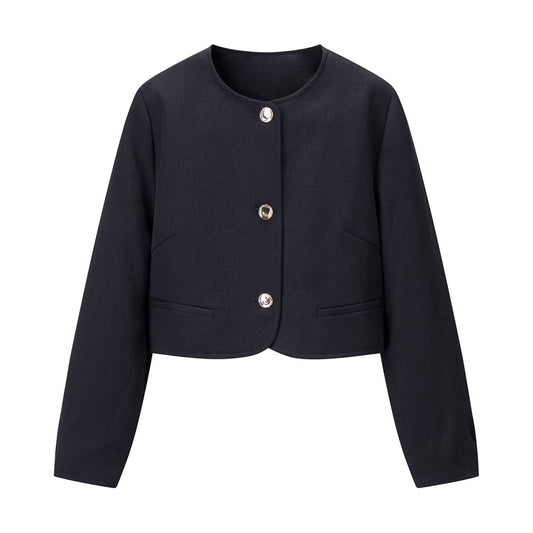 Alma | Casual Cropped Gold Buttons Black Blazer