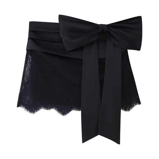 Lux | Black Lace Mini Skirt Wrap Satin Bow Tie