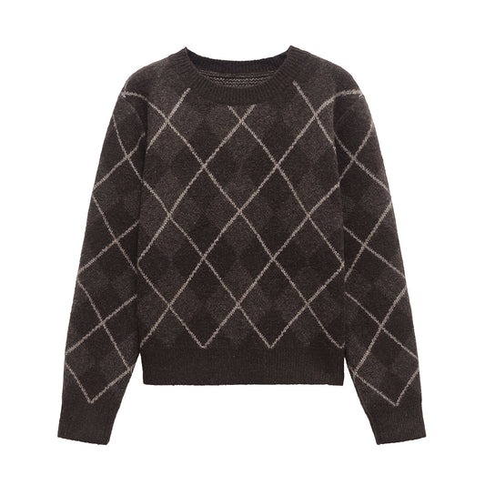 Margot | Casual Argyle Knitted Top Brown Diamond Pattern