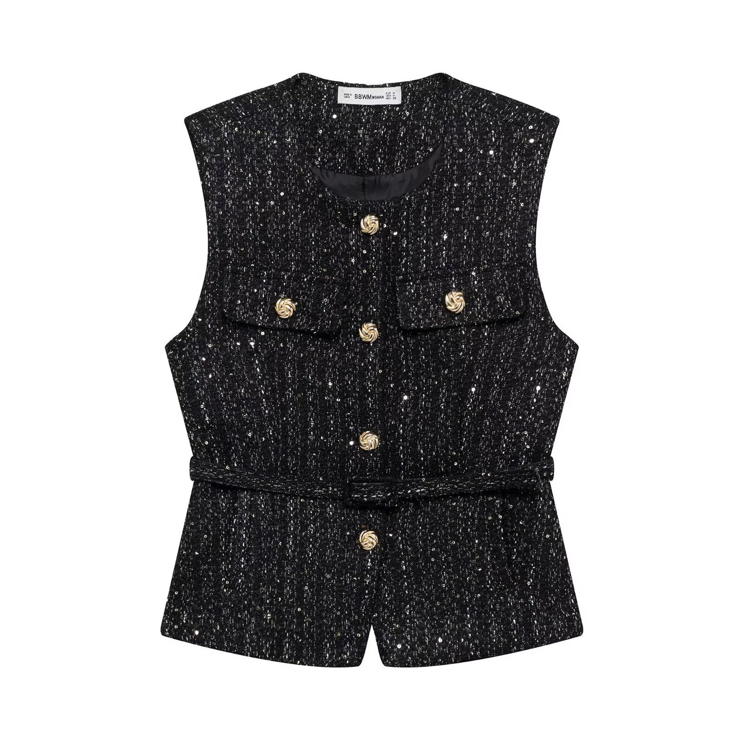 Mara | Tweed Button Front Vest Black Gold Accents
