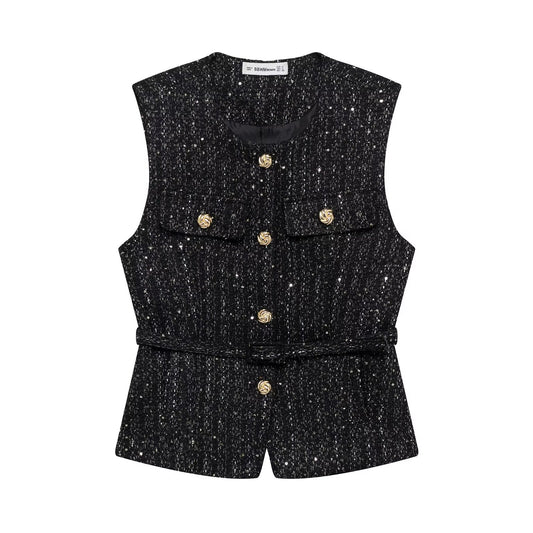 Mara | Tweed Button Front Vest Black Gold Accents