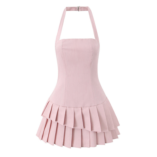Ayla | Summer Pleated Halter Neck Dress Pink