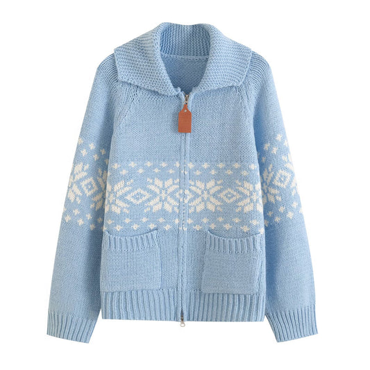 Lux | Winter Snowflake Zip Cardigan Grey White Knitted