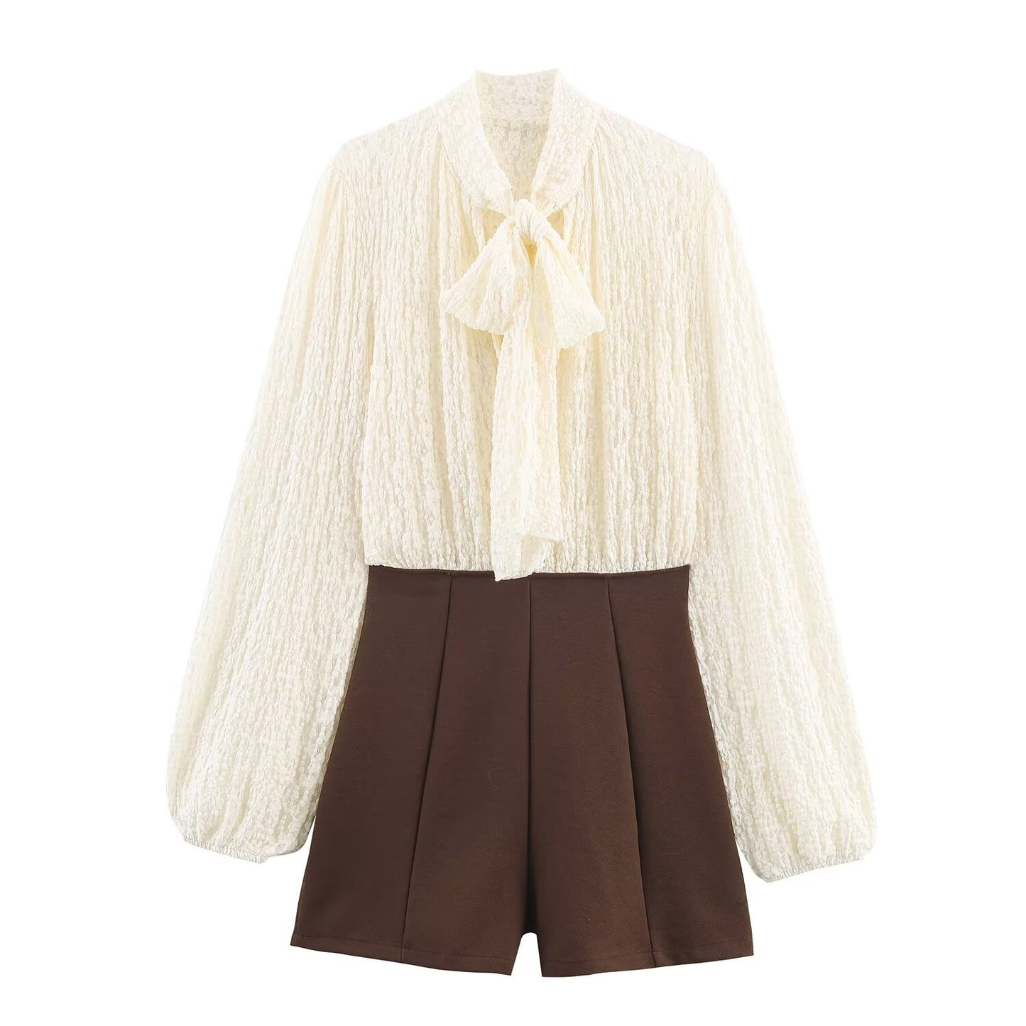 Lena | Elegant Tie Neck Cream Shorts Set Brown Pleated