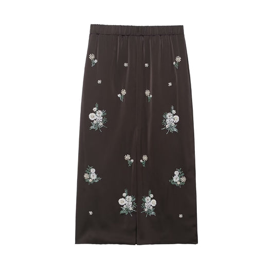 Flora | Elegant Satin Midi Skirt Brown Embellished Floral