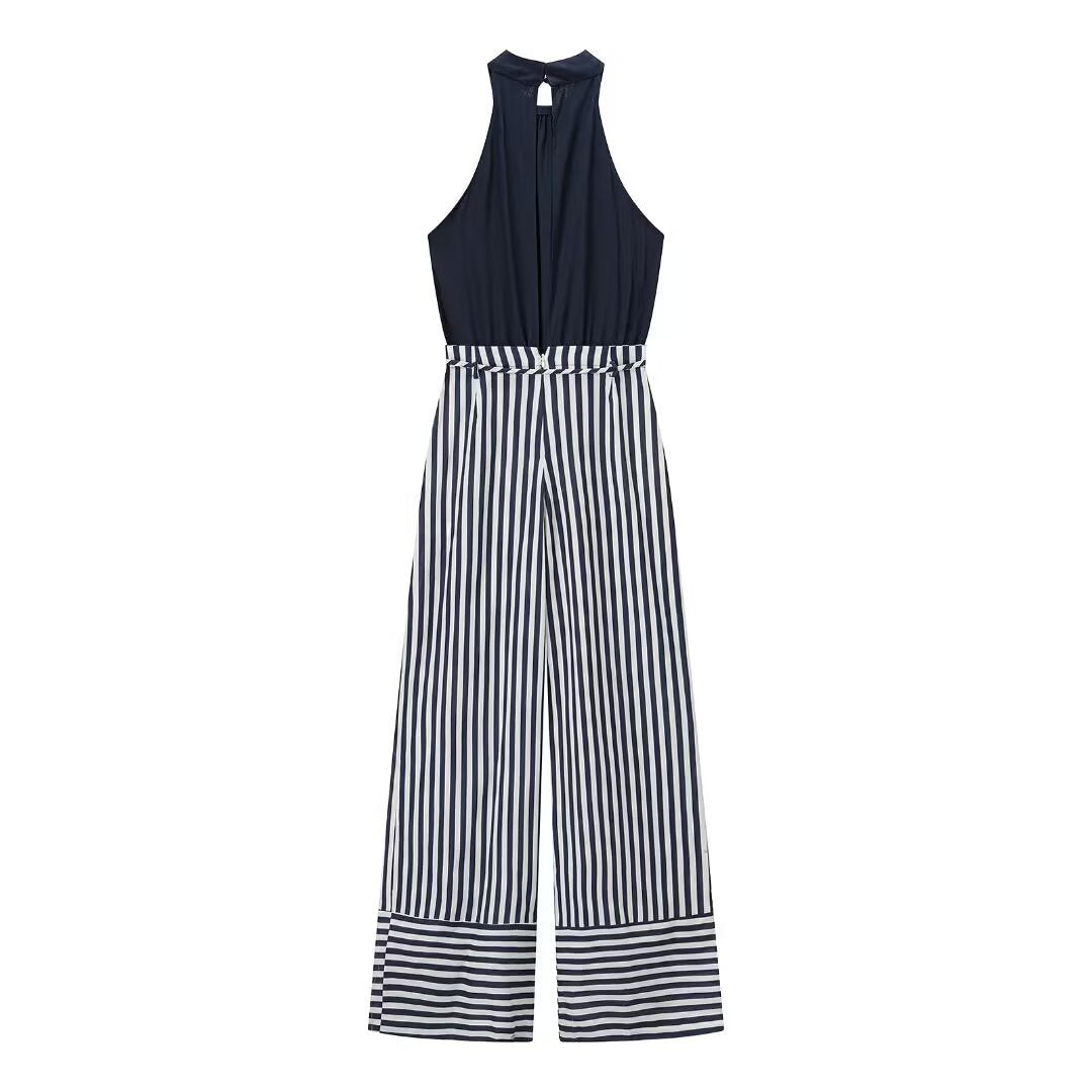 Thea | Striped Wide Leg Jumpsuit Navy White Halter