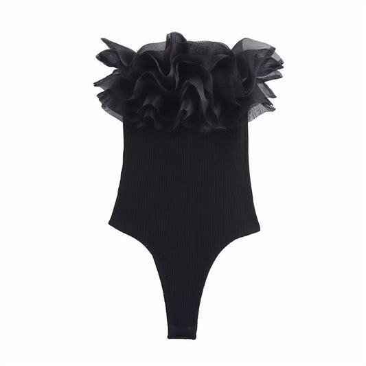 Yara | Strapless Ruffle Crop Top Black Bodysuit