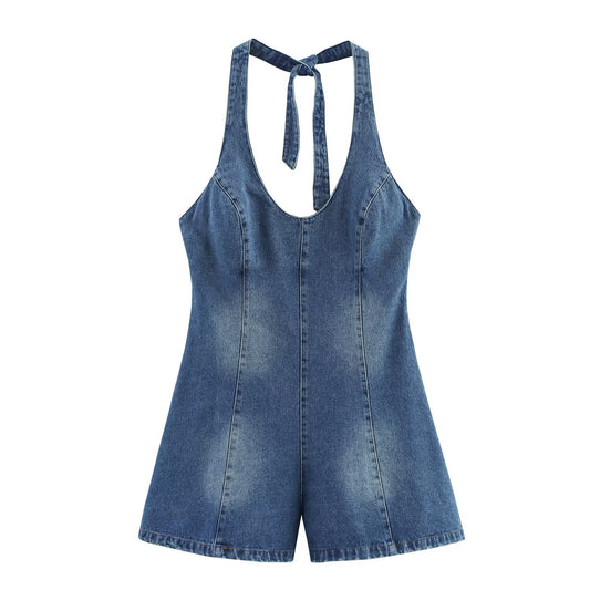 Celine | Denim Halter Neck Mini Jumpsuit Blue