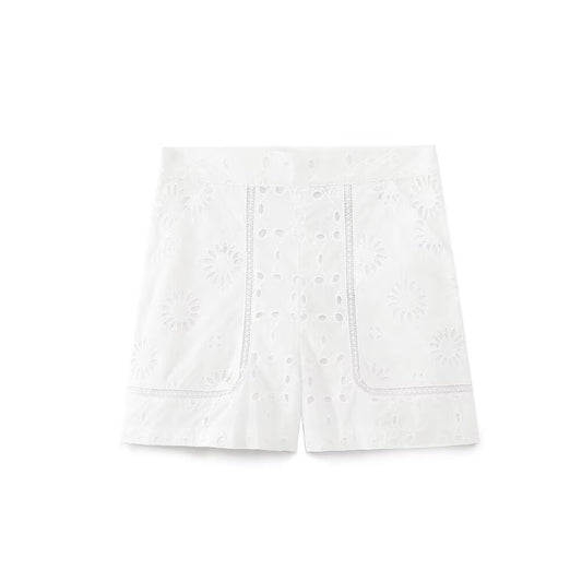 Thea | White Linen Shorts High Waisted Eyelet Embroidered