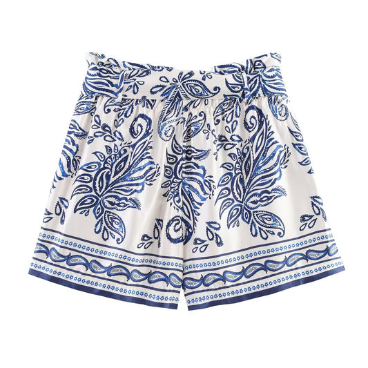 Mara | Printed Shorts White Blue High Waisted Floral