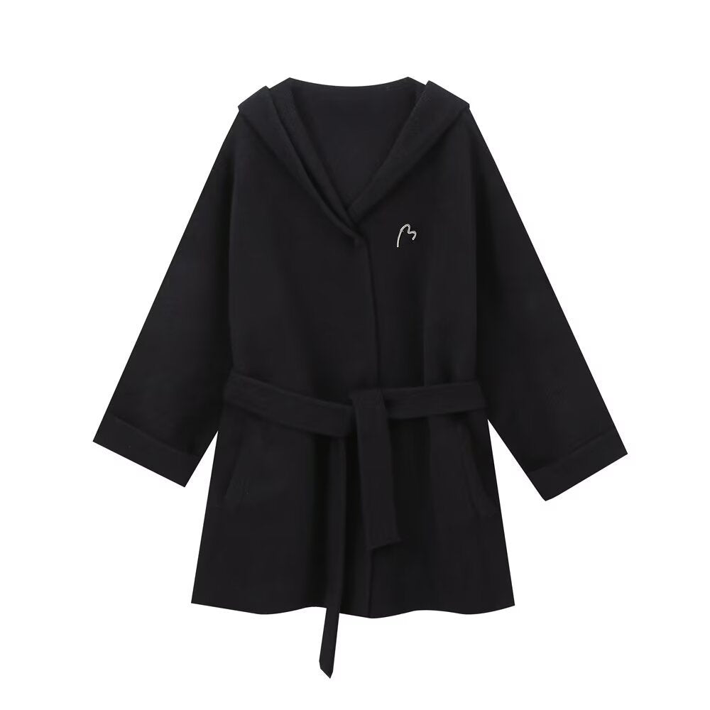 Margot | Oversized Blazer Black Hooded Belted Long Sleeve
