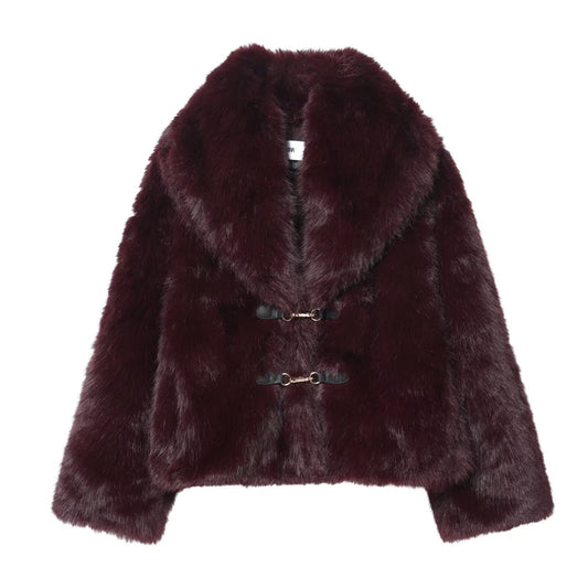Thea | Cropped Faux Fur Coat Burgundy Double Breasted