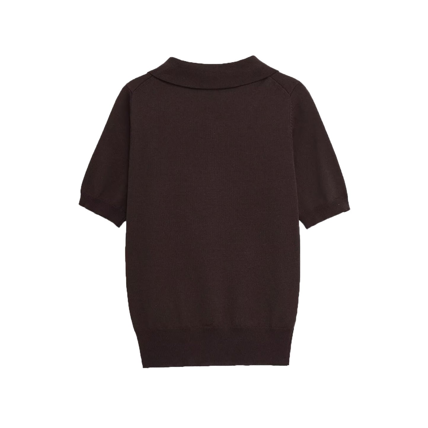 Chloe | Brown Delicate Knit Short Sleeve Polo with Flower Buttons