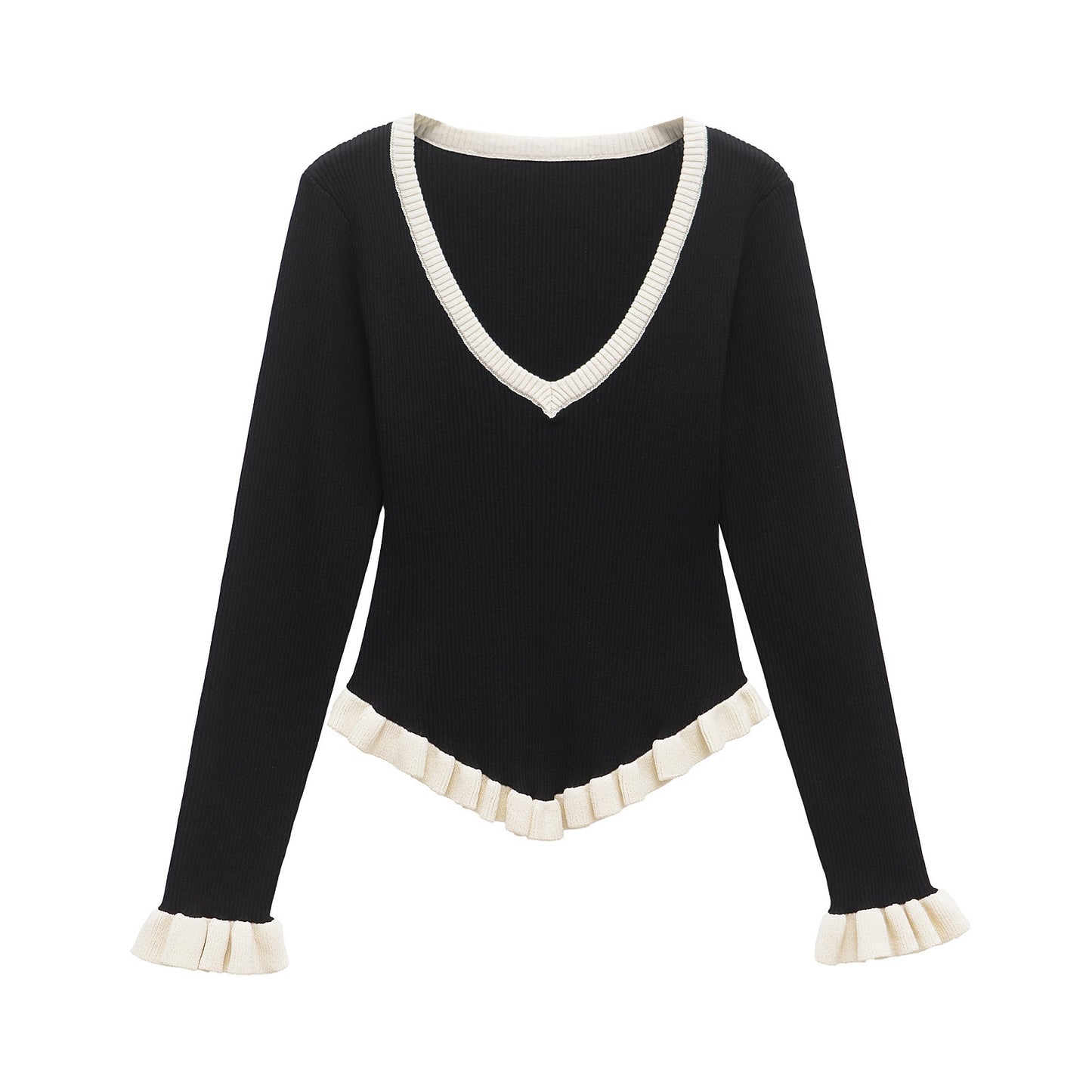 Romy | Elegant V Neck Blouse Black Long Sleeve Ruffle Trim Fitted