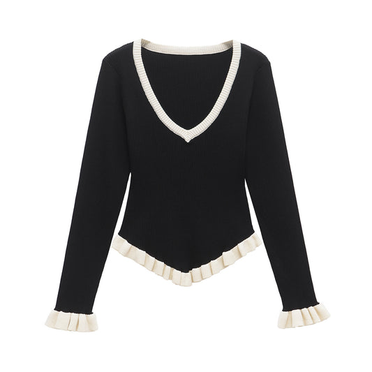 Iris | Ribbed V Neck Blouse Black Long Sleeve Ruffle Trim