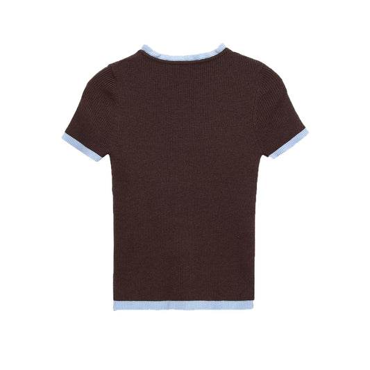 Iona | Brown Knitted Top Short Sleeve Button Front Crew Neck