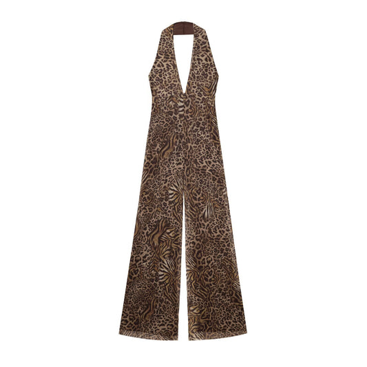 Margot | Leopard Print Jumpsuit Brown Halter Neck Wide Leg