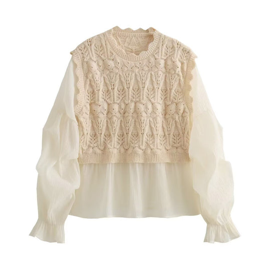 Edie | Elegant Crochet Knitted Top Cream Puff Sleeve