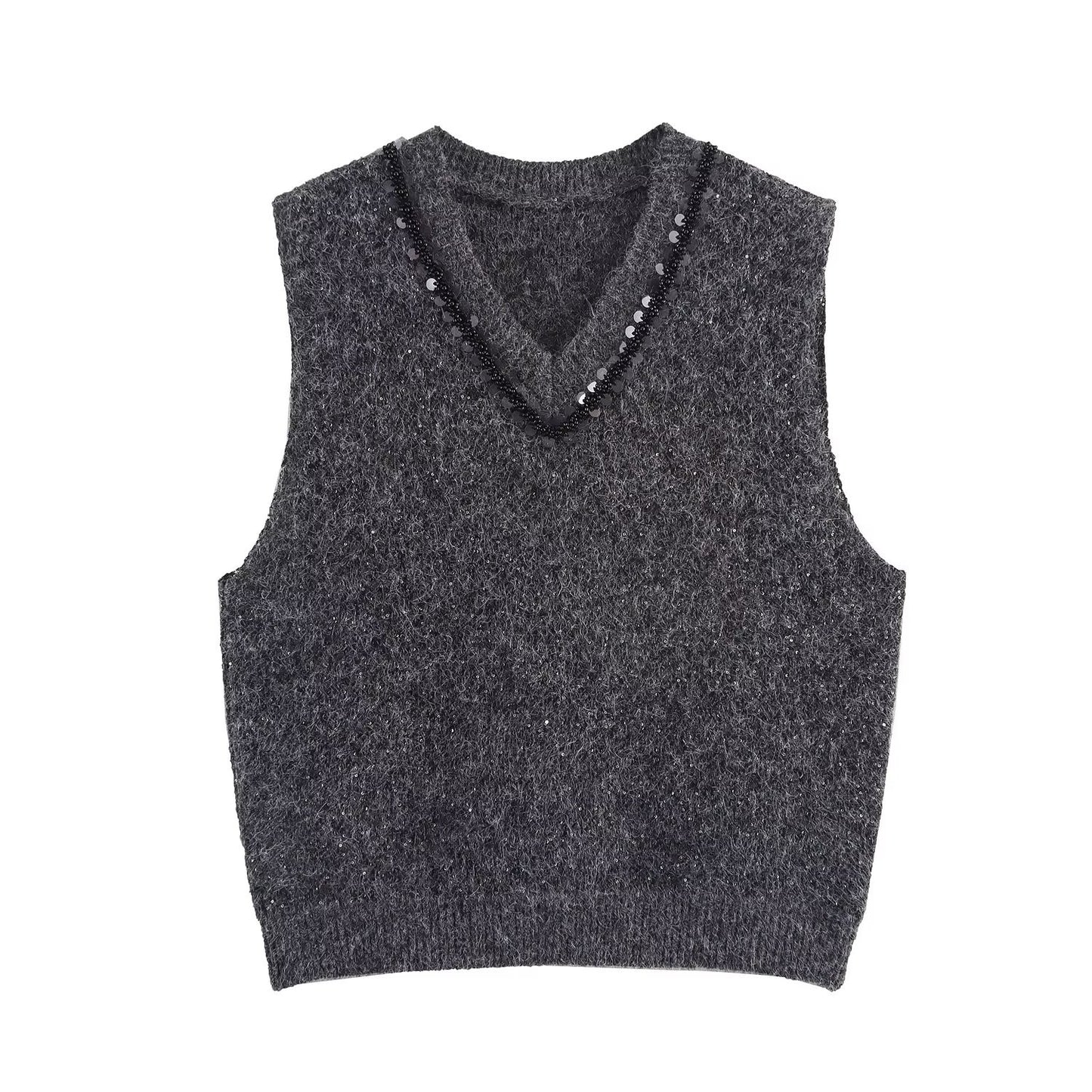 Vera | Cropped Sweater Vest Gray V Neck Rhinestone