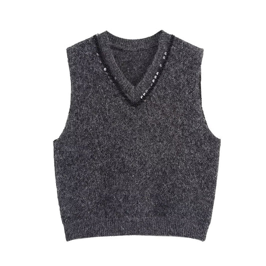 Vera | Cropped Sweater Vest Gray V Neck Rhinestone