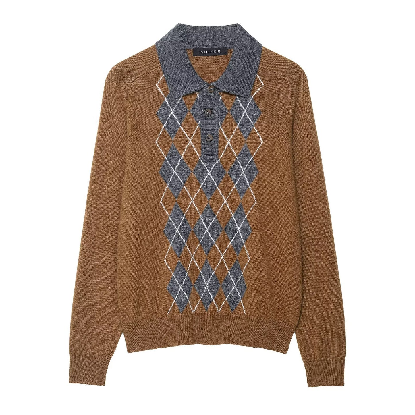 Millie | Brown Argyle Knit Polo Jumper