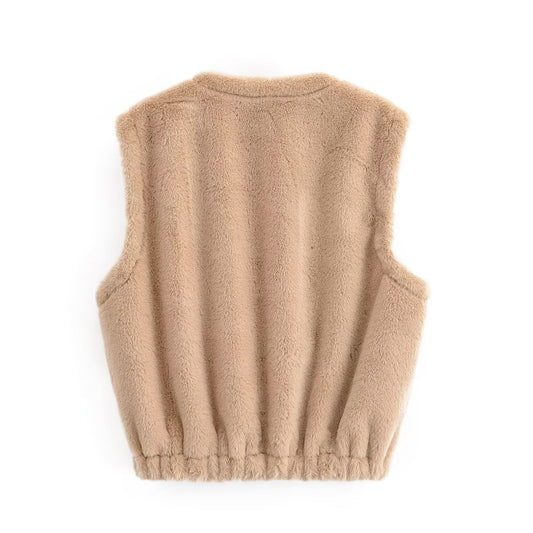 Thea | Oversized Sherpa Vest Beige Zip Up Front Pockets