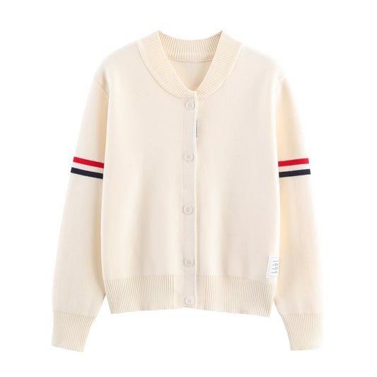 Wren | Navy Bomber Jacket Varsity Striped Sleeve Button Front