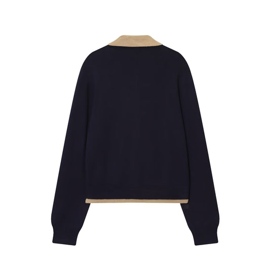 Harper | Black Elegant Knit Polo Cardigan with Contrast Collar