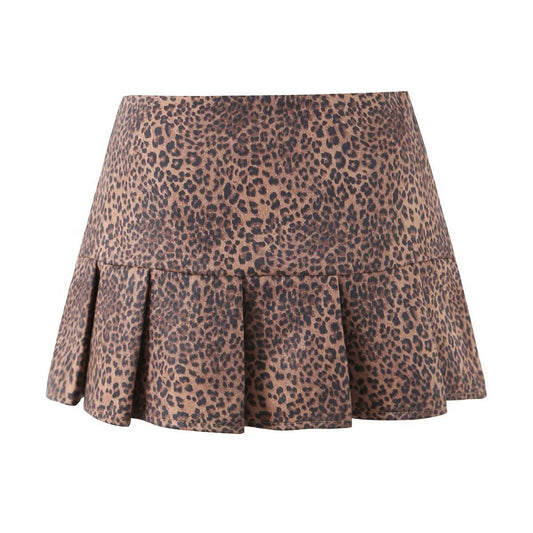 Rhea | Leopard Print Mini Skirt Brown Pleated Flared