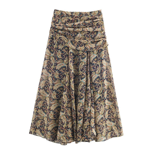 Celine | Wrap Midi Skirt Beige Paisley Print Pleated Chiffon
