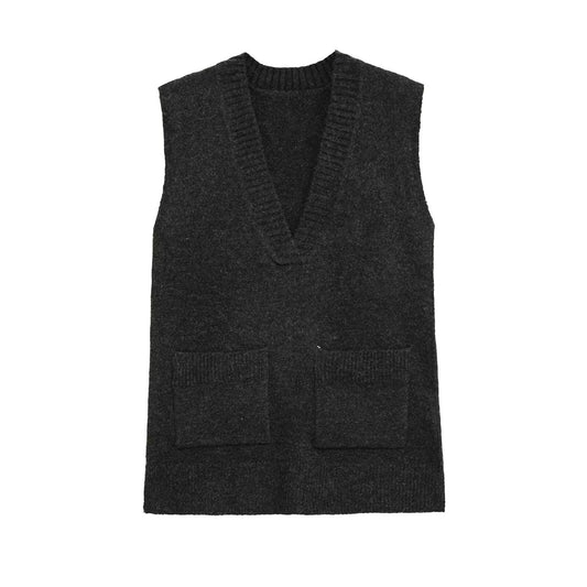 Vera | Sleeveless V Neck Cardigan Charcoal Gray Ribbed Knit