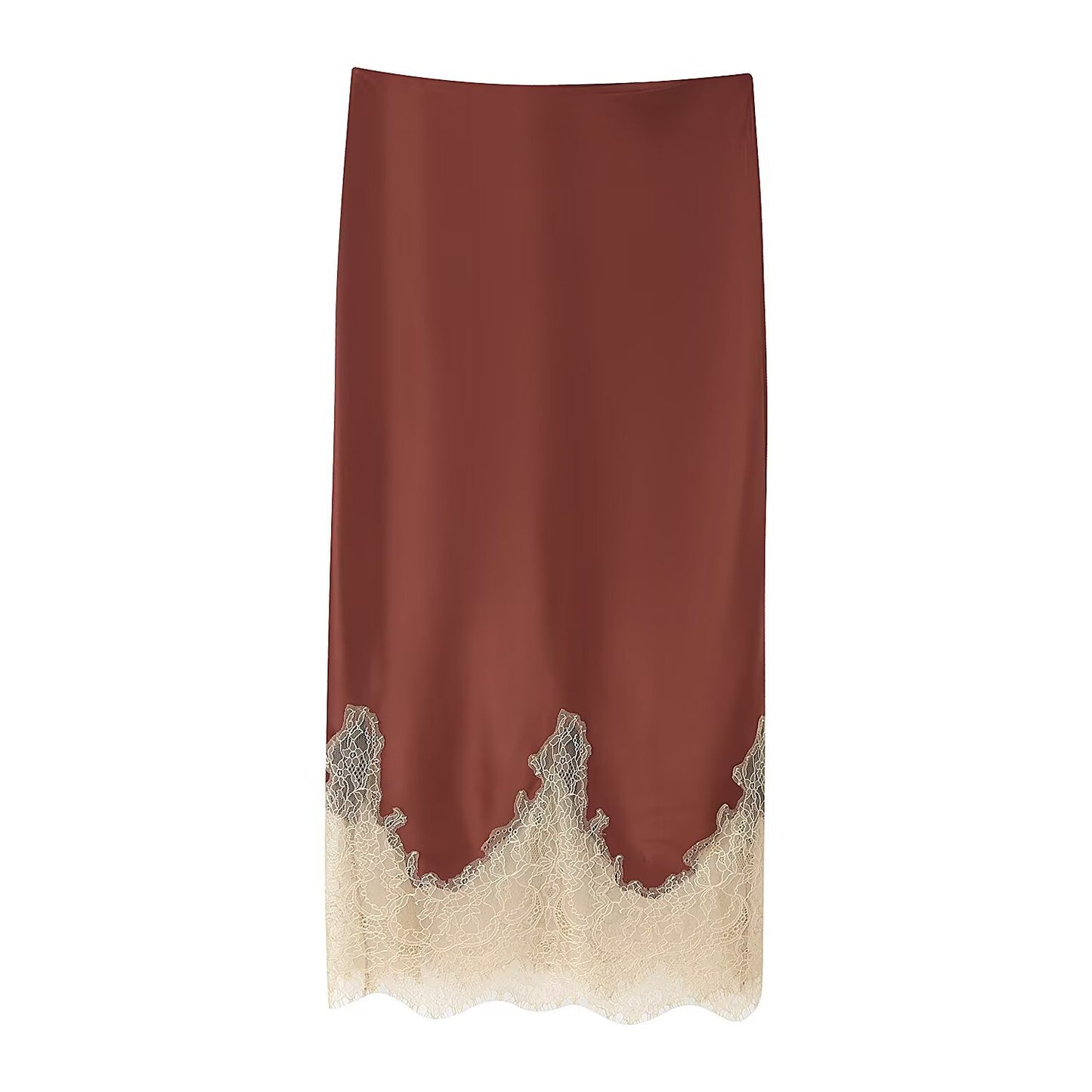 Etta | Satin Midi Skirt Brown Lace Trim