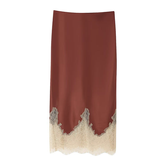 Etta | Satin Midi Skirt Brown Lace Trim