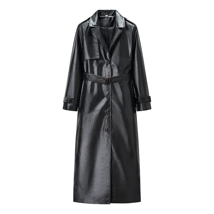 Vera | Belted Faux Leather Coat Black Long Sleeve