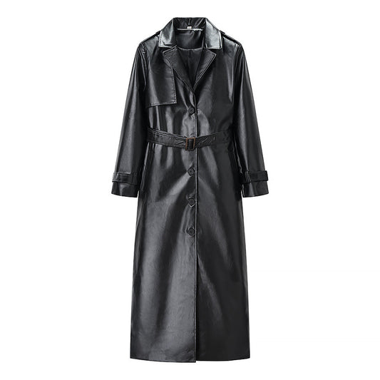 Vera | Belted Faux Leather Coat Black Long Sleeve