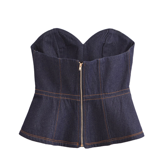 Faye | Strapless Corset Top Denim Navy Peplum Fitted Bustier