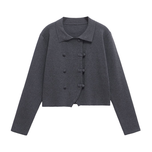 Thea | Cropped Button Up Shirt Gray Collared Long Sleeve