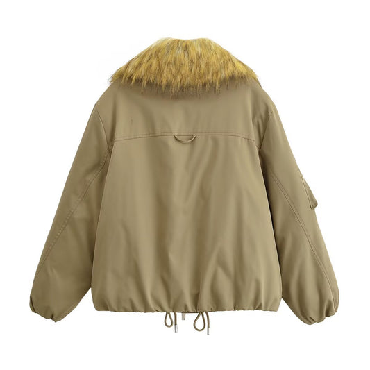 Alma | Autumn Bomber Jacket Faux Fur Collar Khaki Zip Up Cropped