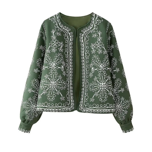 Sia | Bomber Jacket Green Embroidered Short Zip Up Cropped