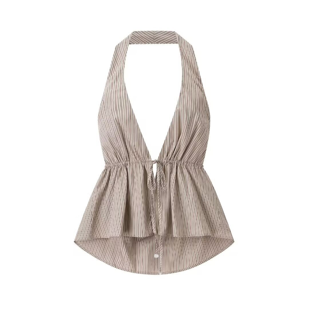 Tess | Summer Halter Neck Top Beige Striped Peplum Tie Front