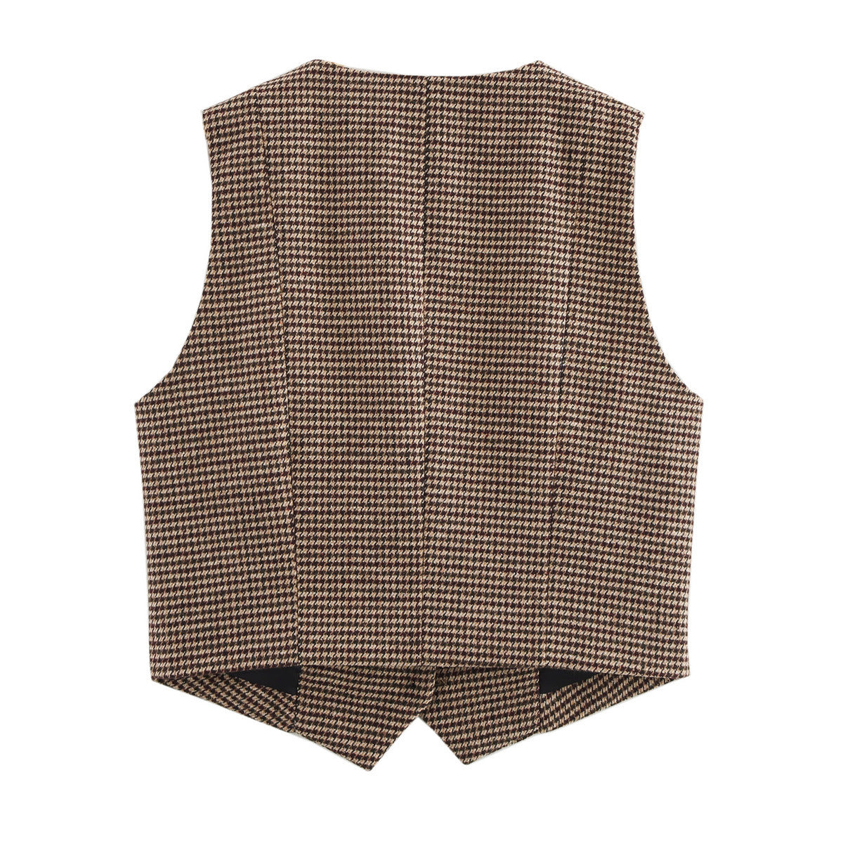 Maren | Houndstooth Check Blazer Vest Tan Button Front Sleeveless