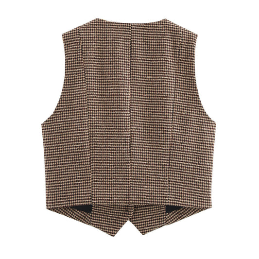 Maren | Houndstooth Check Blazer Vest Tan Button Front Sleeveless