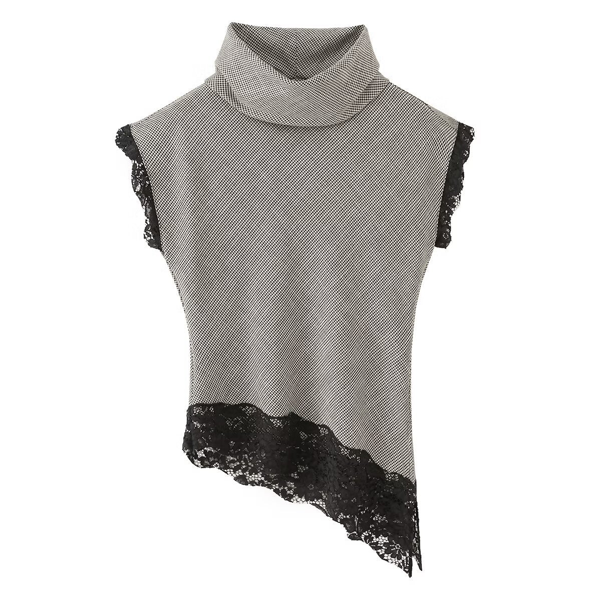 Piper | Asymmetric Cowl Neck Top Grey Sleeveless Lace Trim Fitted