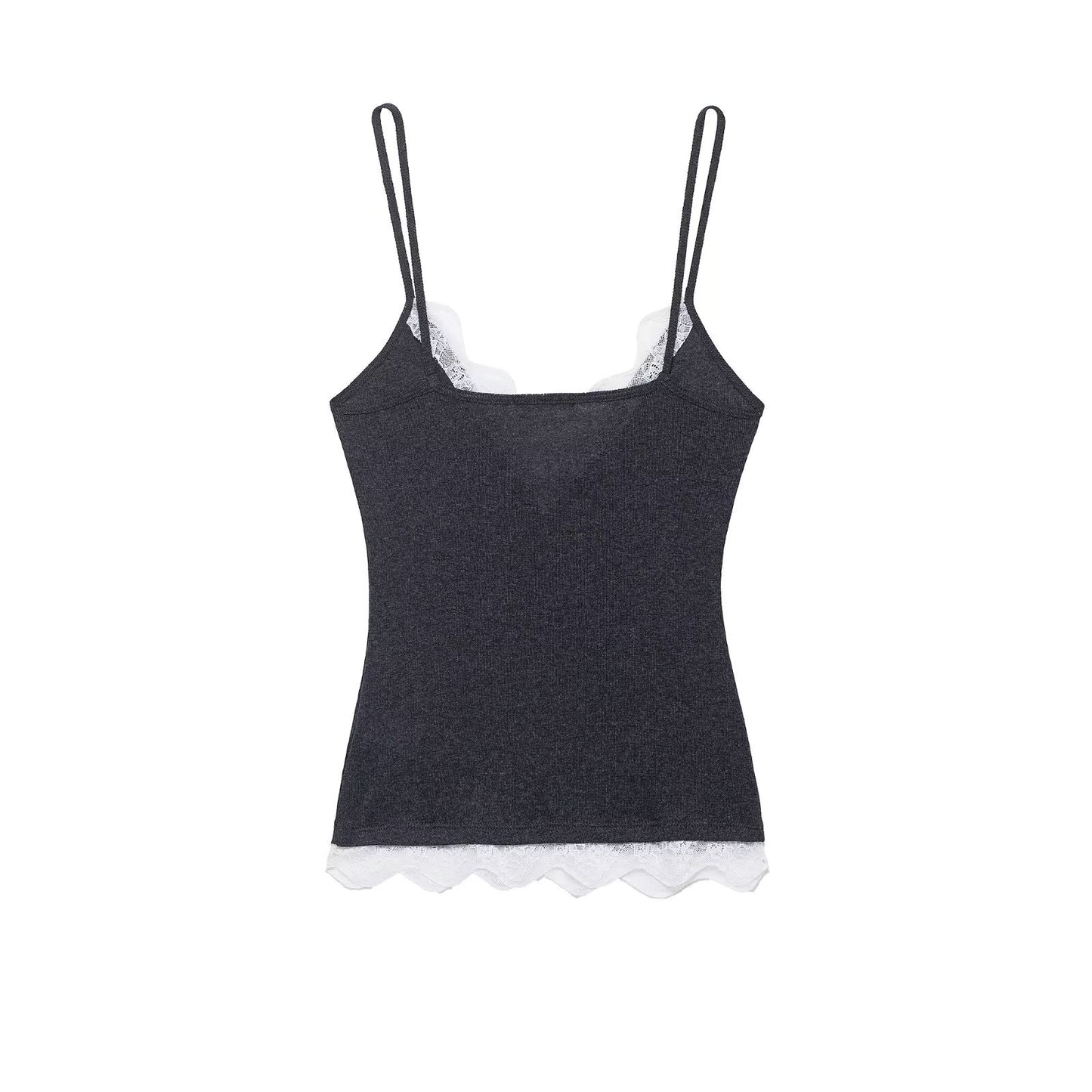 Viola | Everyday Lace Trim Cami Top Grey V Neck Fitted Sleeveless