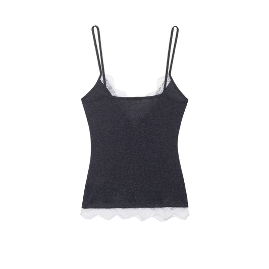 Viola | Everyday Lace Trim Cami Top Grey V Neck Fitted Sleeveless