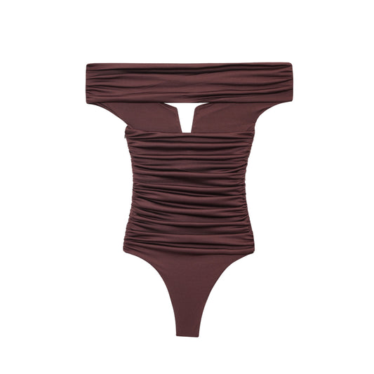 Cora | Elegant Off Shoulder Corset Top Brown Ruched