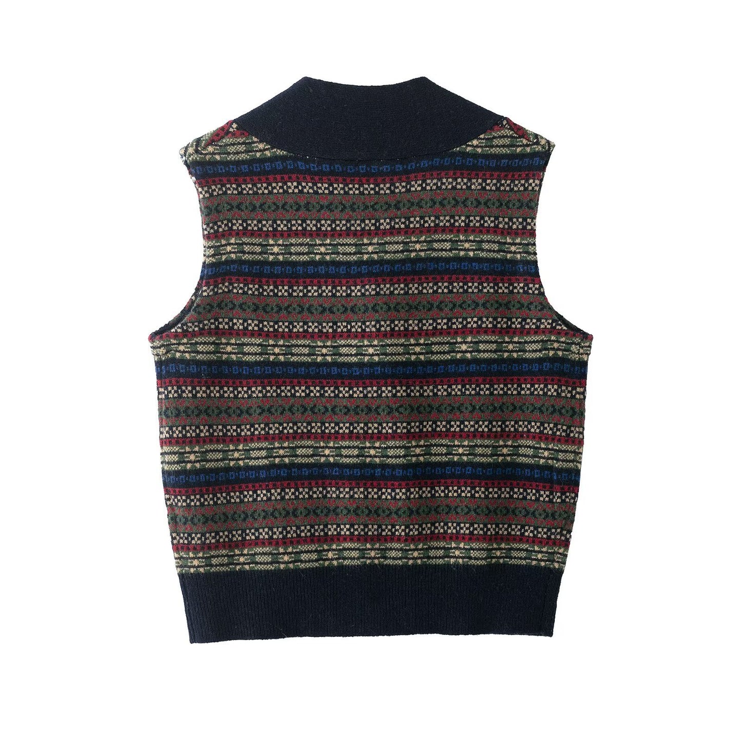 Sia | Knitted Vest Navy Fair Isle Print V Neck Sleeveless Buttoned