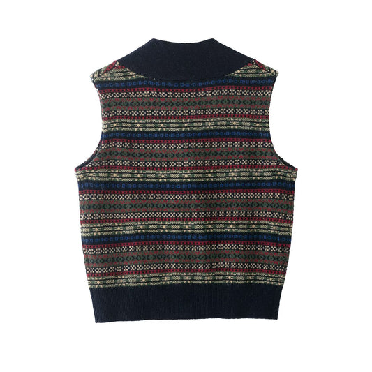Margot | Vintage Fair Isle Sweater Vest Navy Multicolor Button Front