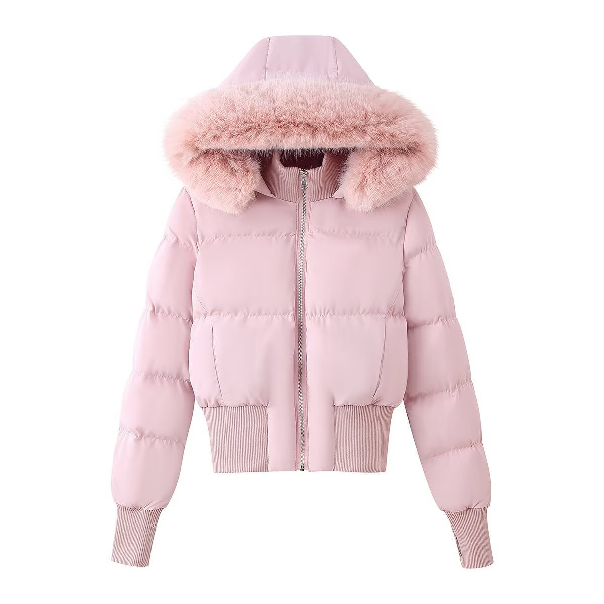 Margot | Cropped Puffer Jacket White Hooded Faux Fur Trim